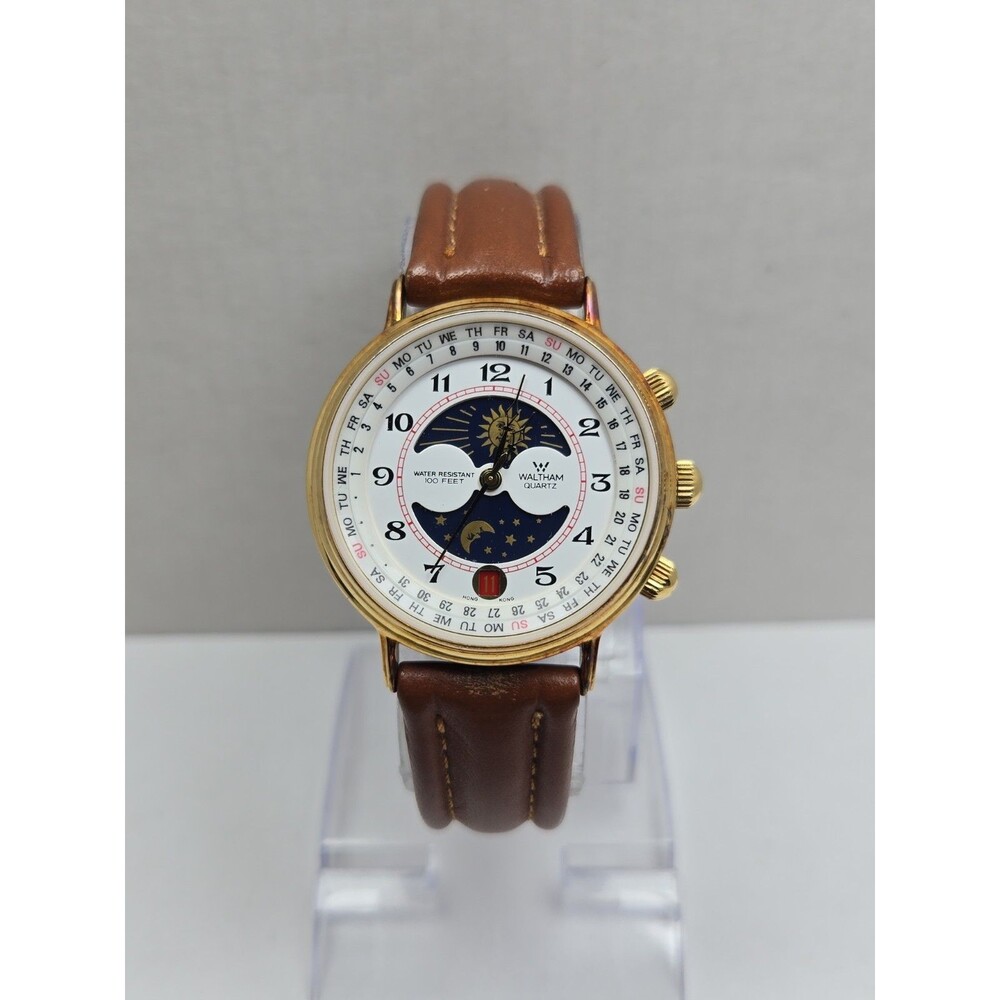 Waltham XF9020B Vintage Mens Sun Moon Calendar Goldtone Quartz Watch New Battery
